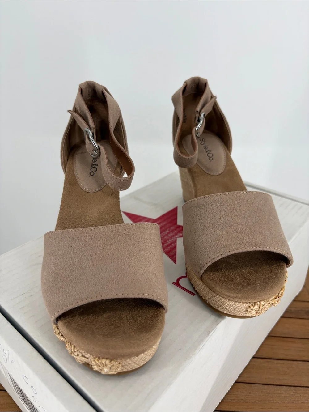 New Women’s Style & Co Taupe Espadrille Wedge Sandals with Ankle Wrap size 6